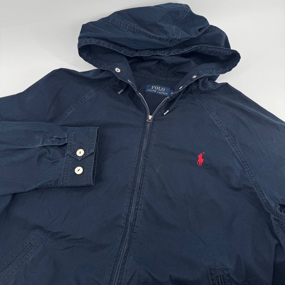 Polo Ralph Lauren Windbreaker Jacket Mens XL Navy Blue Hooded Cotton Zip Up
